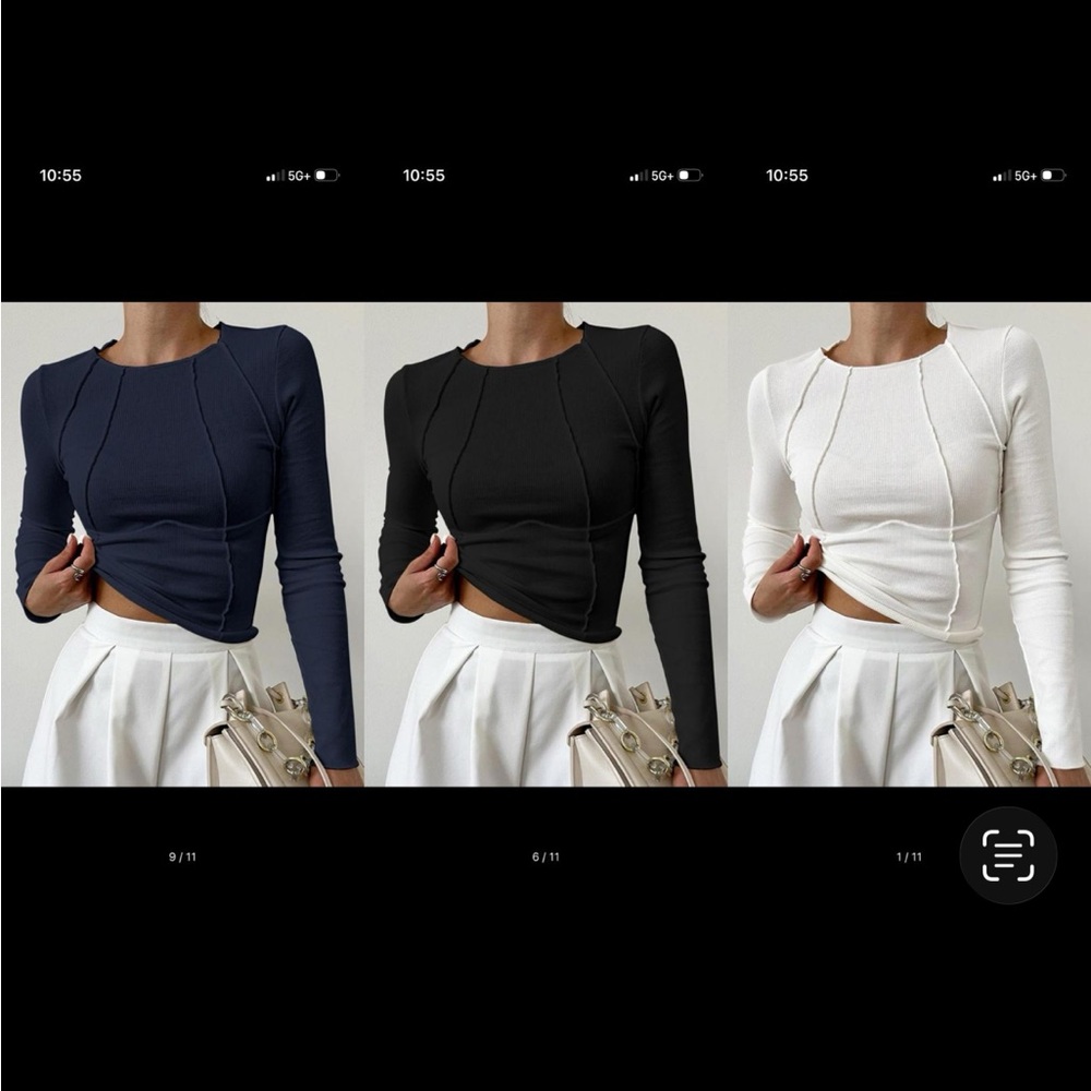 Commense Ribbed Piping Long Sleeve Tops Bundle • XL • Off-White, Black, & Navy